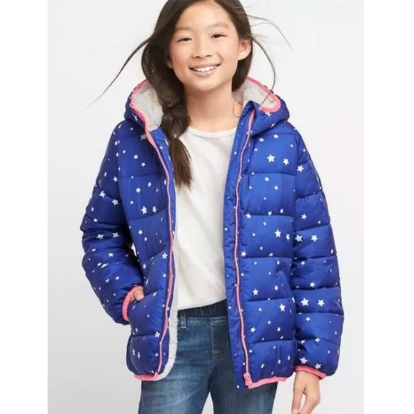 Gap Kids Navy Girls Star Sherpa Puffer Jacket - Picture 3 of 8